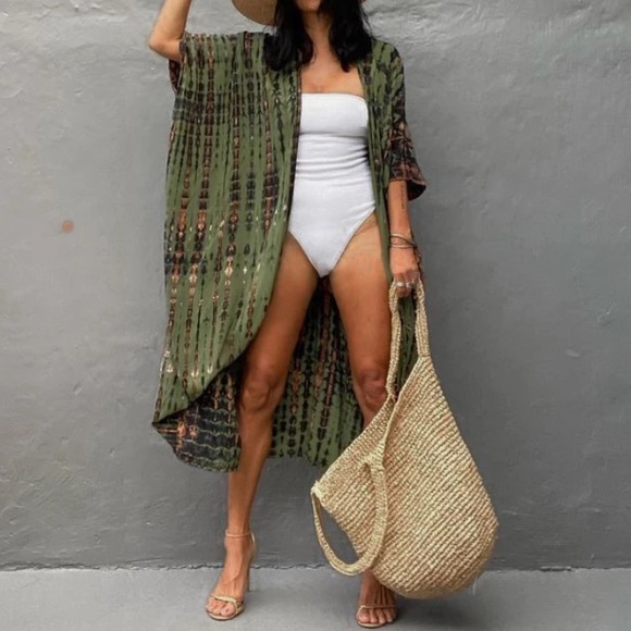 Other - Army Green Tie Dye Boho Swim Coverup Kimono Robe